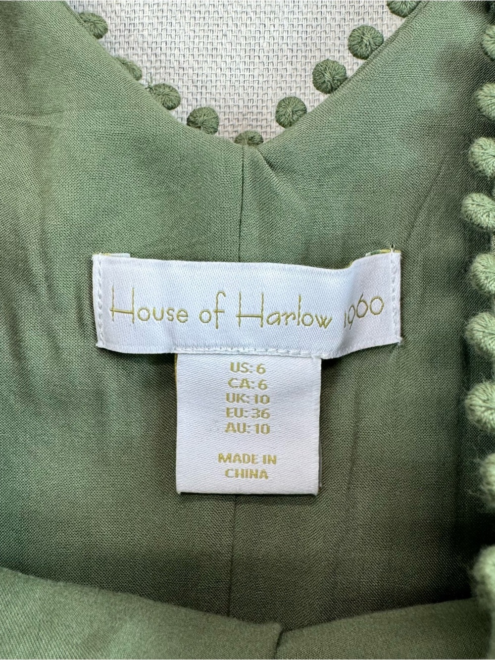 House Of Harlow 1960 Drop Waist Eyelet Faux Button Front Dress Olive Green Sz 6 - Picture 7 of 14